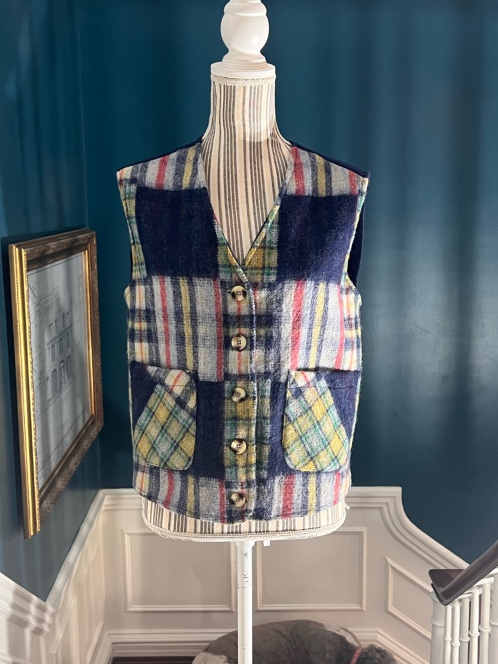 Plaid Wool Button-Up Vest in Navy, Yellow & Red vision 1 vintage small v4122